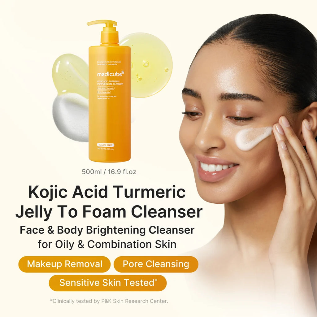 (500ml) Limpiador facial y corporal para manchas: Kojic Acid Turmeric Purifying Gel Cleanser de Medicube